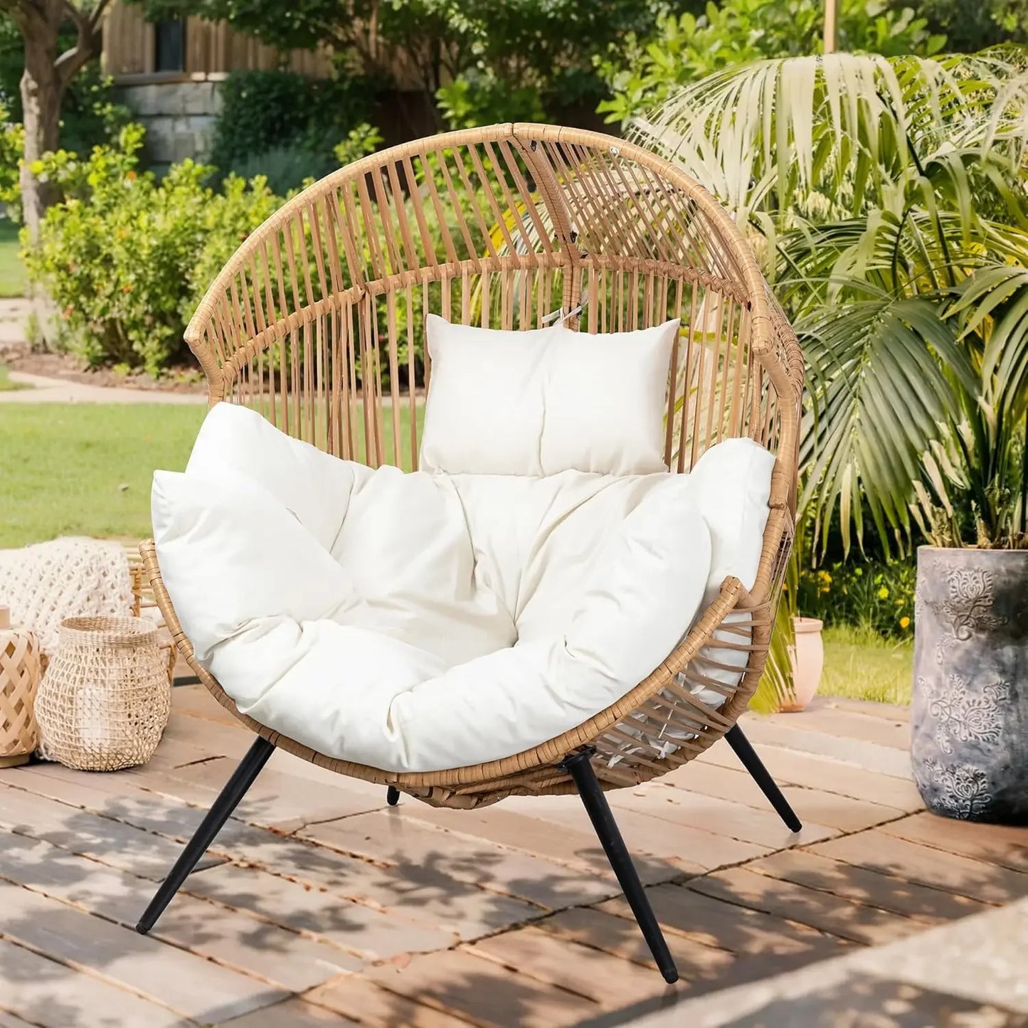 Wicker Egg Chair with Cushion - Oversized Patio Lounge