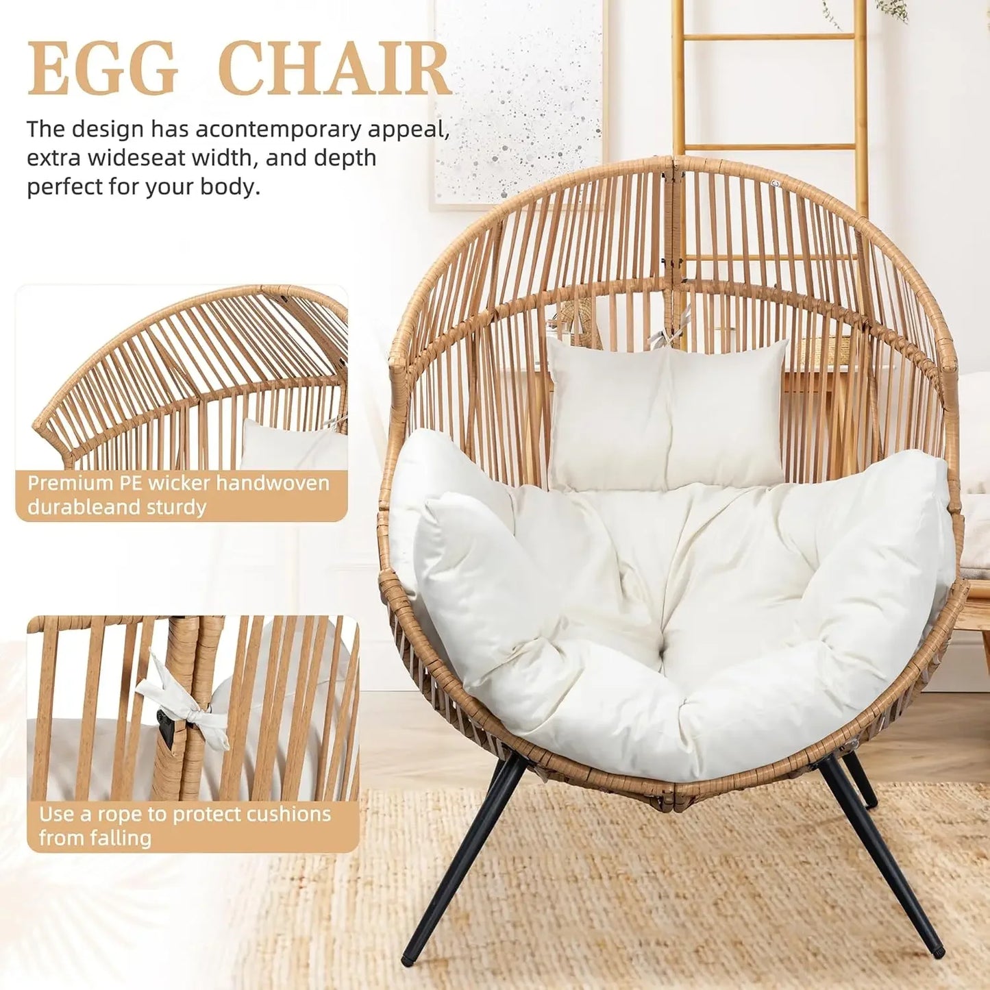 Wicker Egg Chair with Cushion - Oversized Patio Lounge
