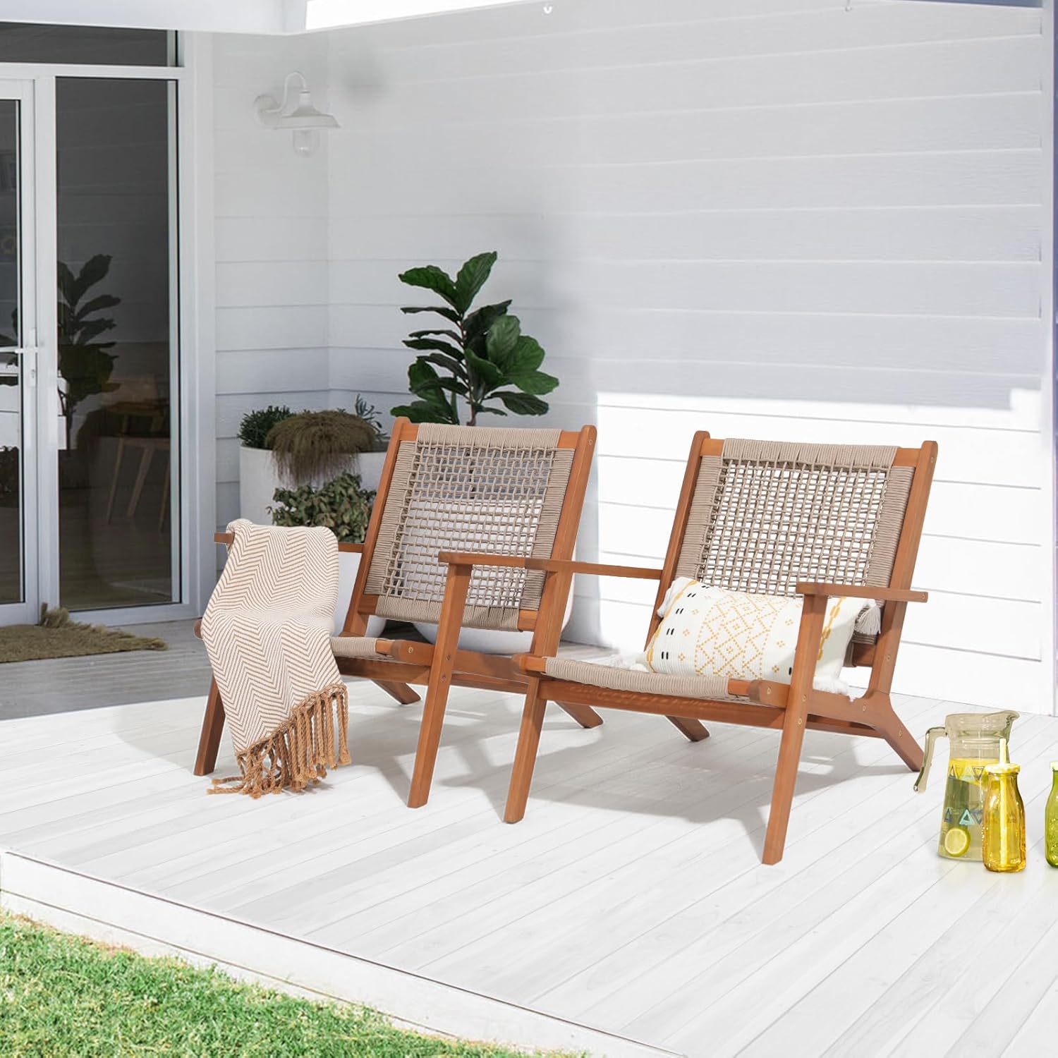 Acacia Wood Patio Chairs - Handwoven Rope, Set of 2