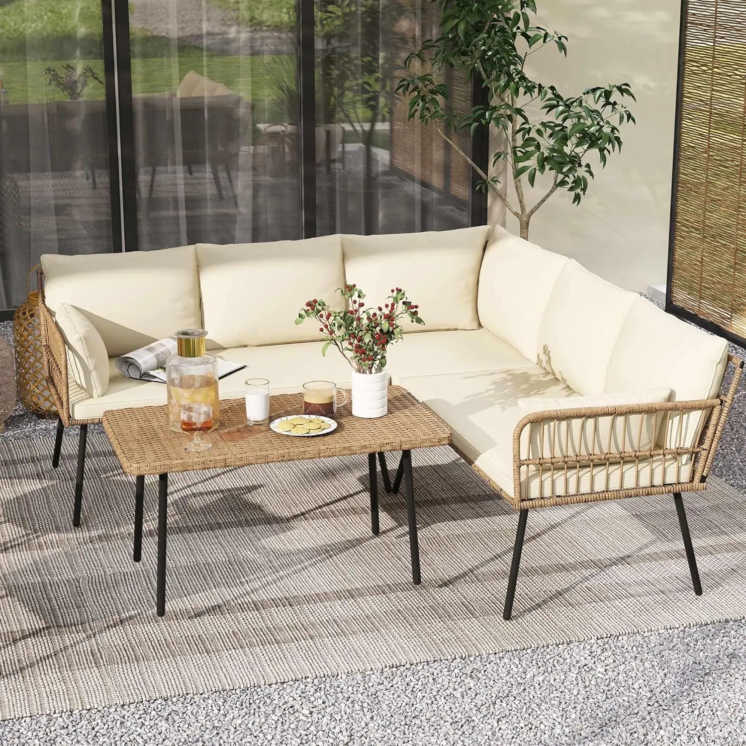 Wicker Patio Loveseat - All-Weather Rattan Sofa with Cushions