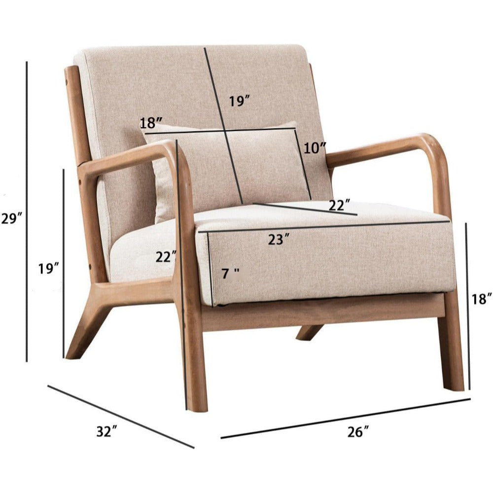 Mid Century Modern Accent Chair - Beige Linen, Wood Frame