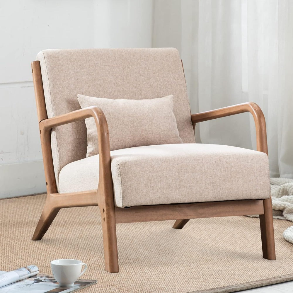 Mid Century Modern Accent Chair - Beige Linen, Wood Frame