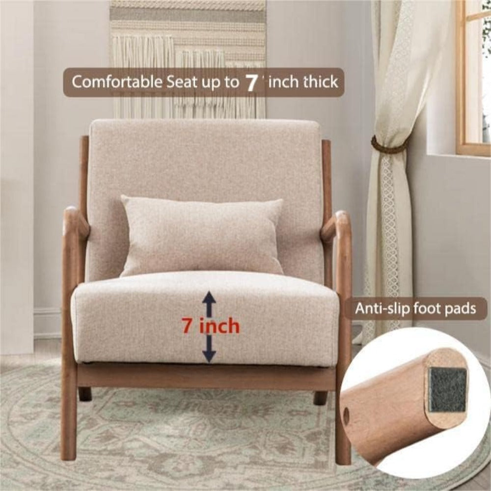Mid Century Modern Accent Chair - Beige Linen, Wood Frame