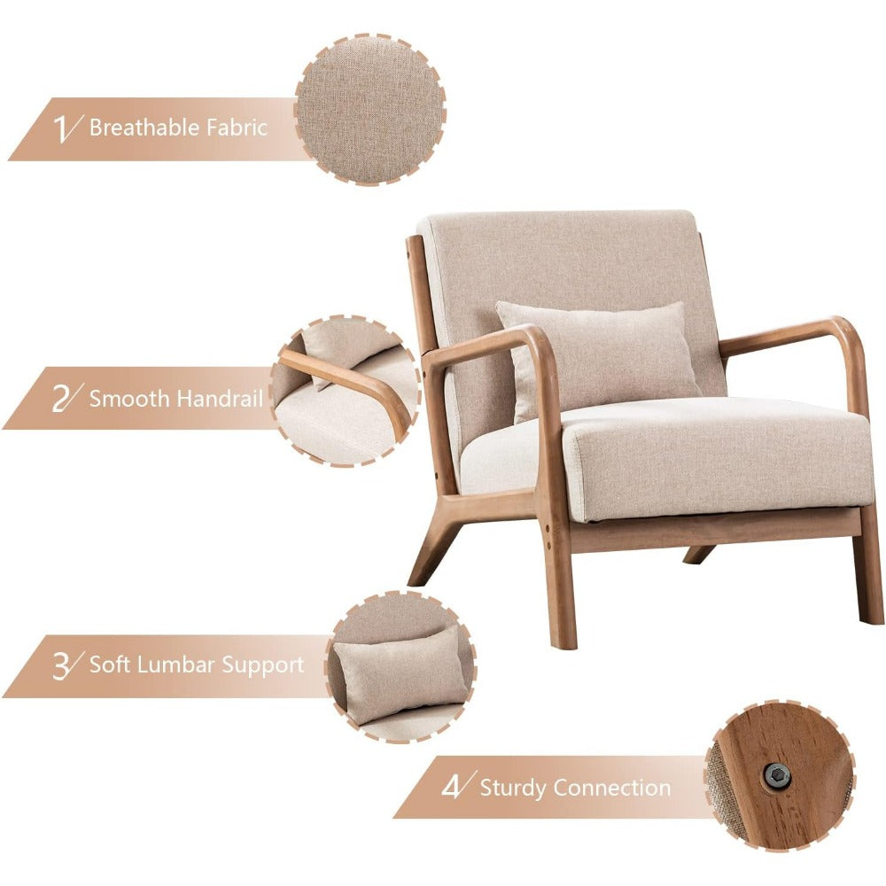 Mid Century Modern Accent Chair - Beige Linen, Wood Frame