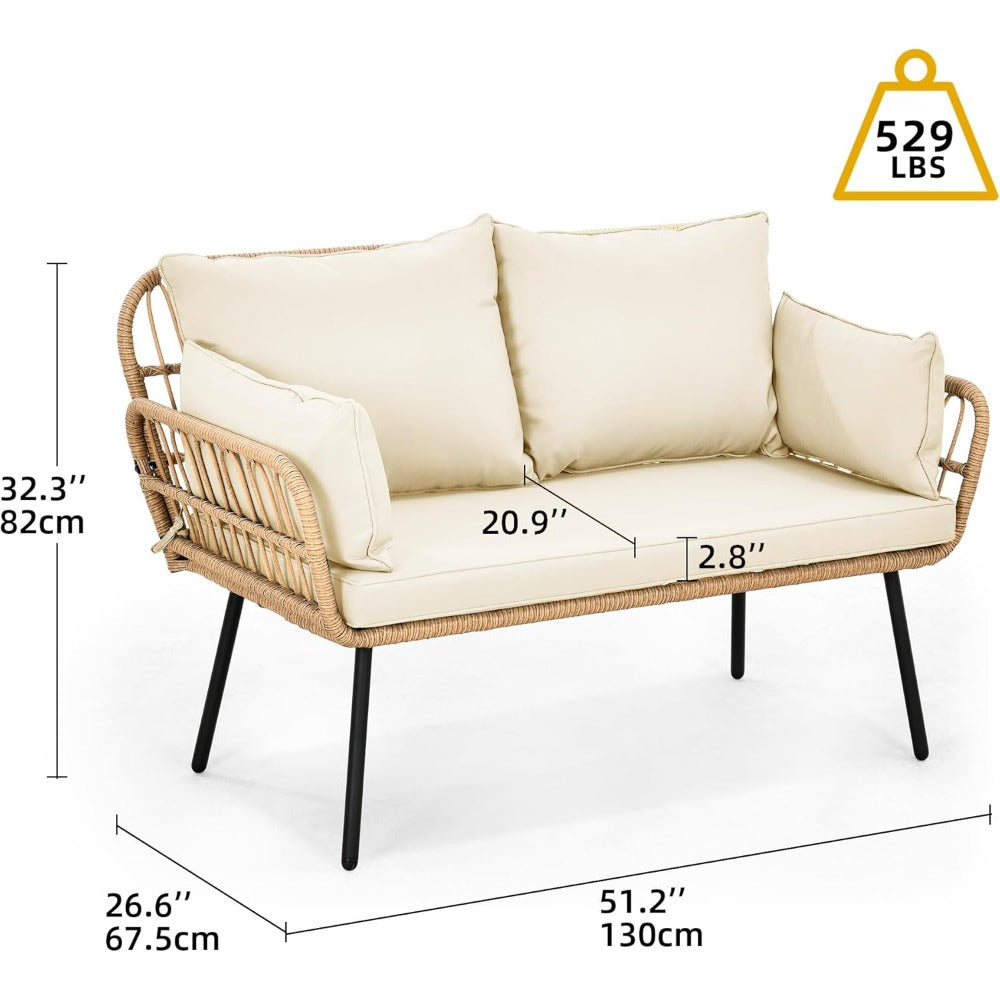Wicker Patio Loveseat - All-Weather Rattan Sofa with Cushions