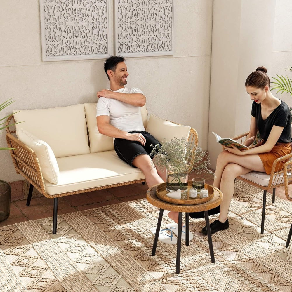 Wicker Patio Loveseat - All-Weather Rattan Sofa with Cushions