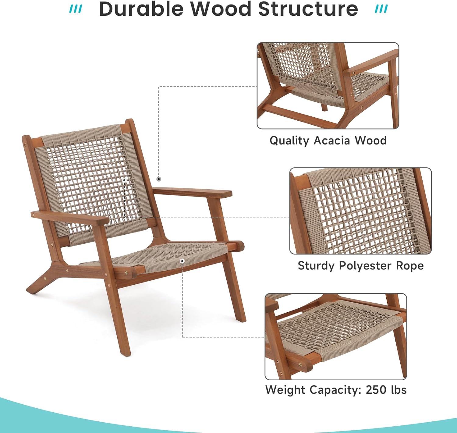 Acacia Wood Patio Chairs - Handwoven Rope, Set of 2