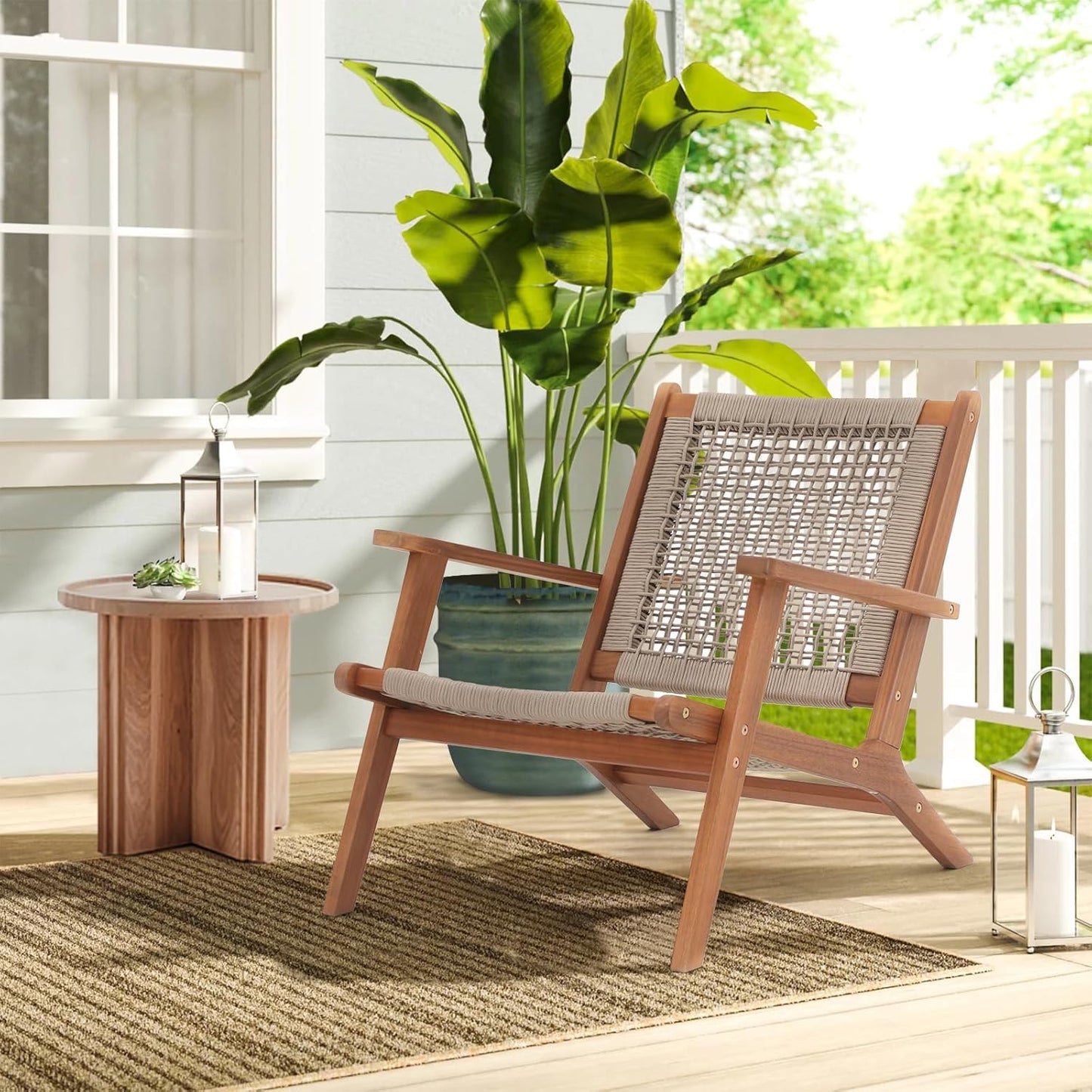 Acacia Wood Patio Chairs - Handwoven Rope, Set of 2