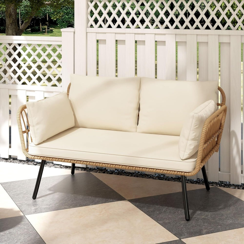 Wicker Patio Loveseat - All-Weather Rattan Sofa with Cushions