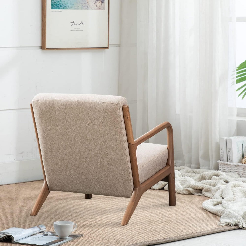 Mid Century Modern Accent Chair - Beige Linen, Wood Frame