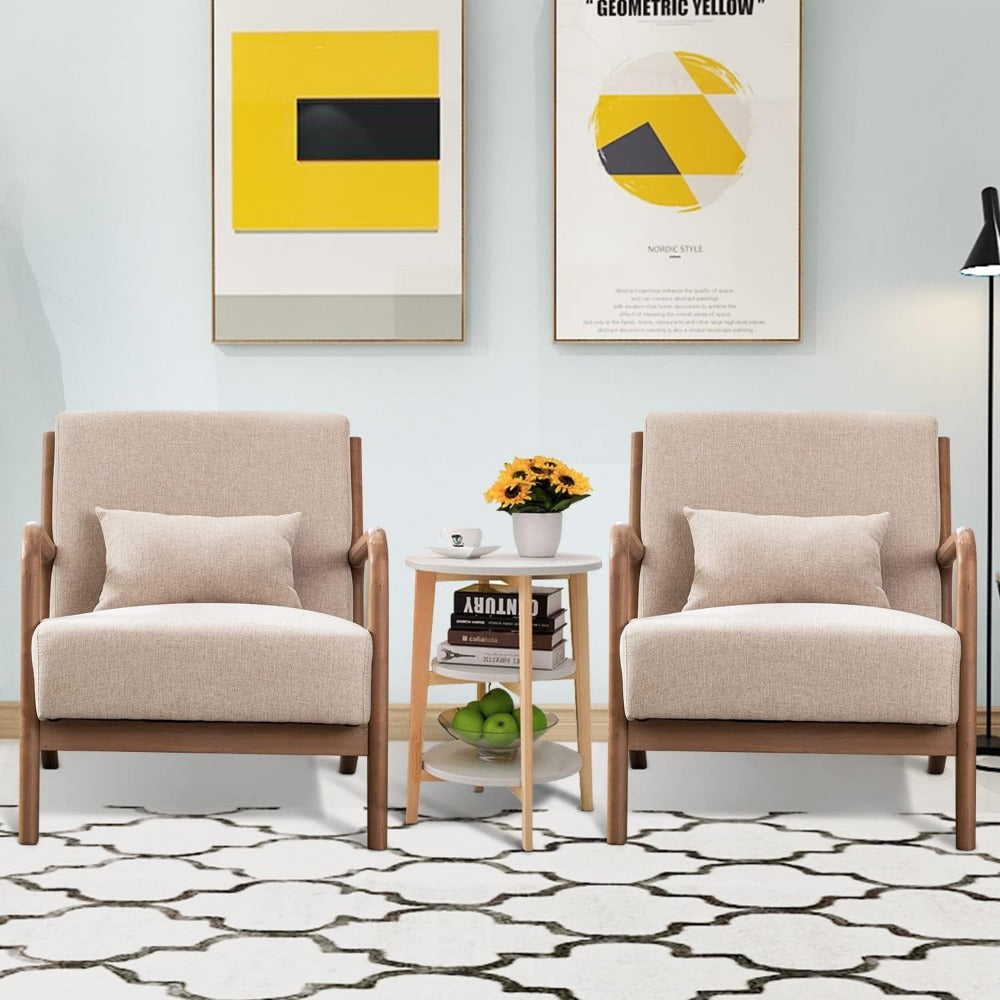 Mid Century Modern Accent Chair - Beige Linen, Wood Frame