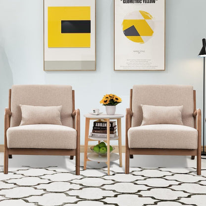 Mid Century Modern Accent Chair - Beige Linen, Wood Frame
